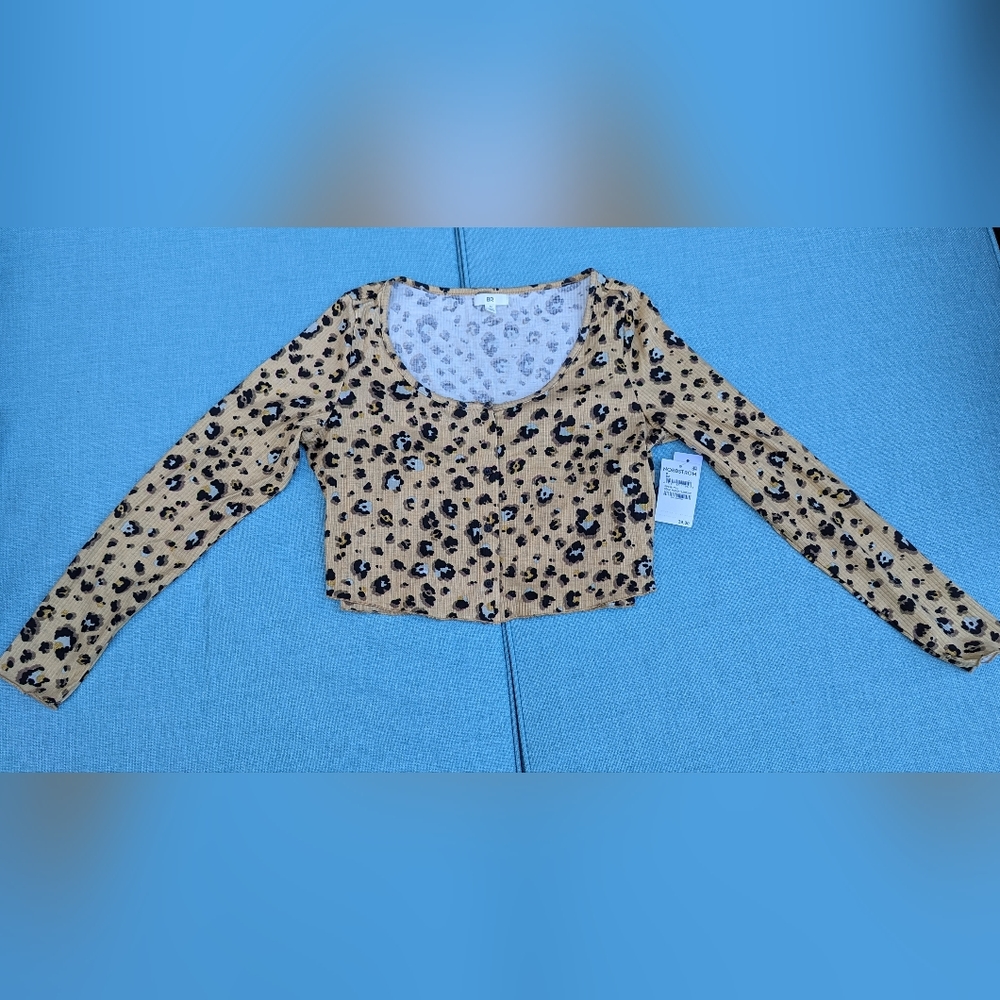 NWT Nordstrom BP Nougat Leopard Rib Knit Cardigan Set, Medium Crop Top